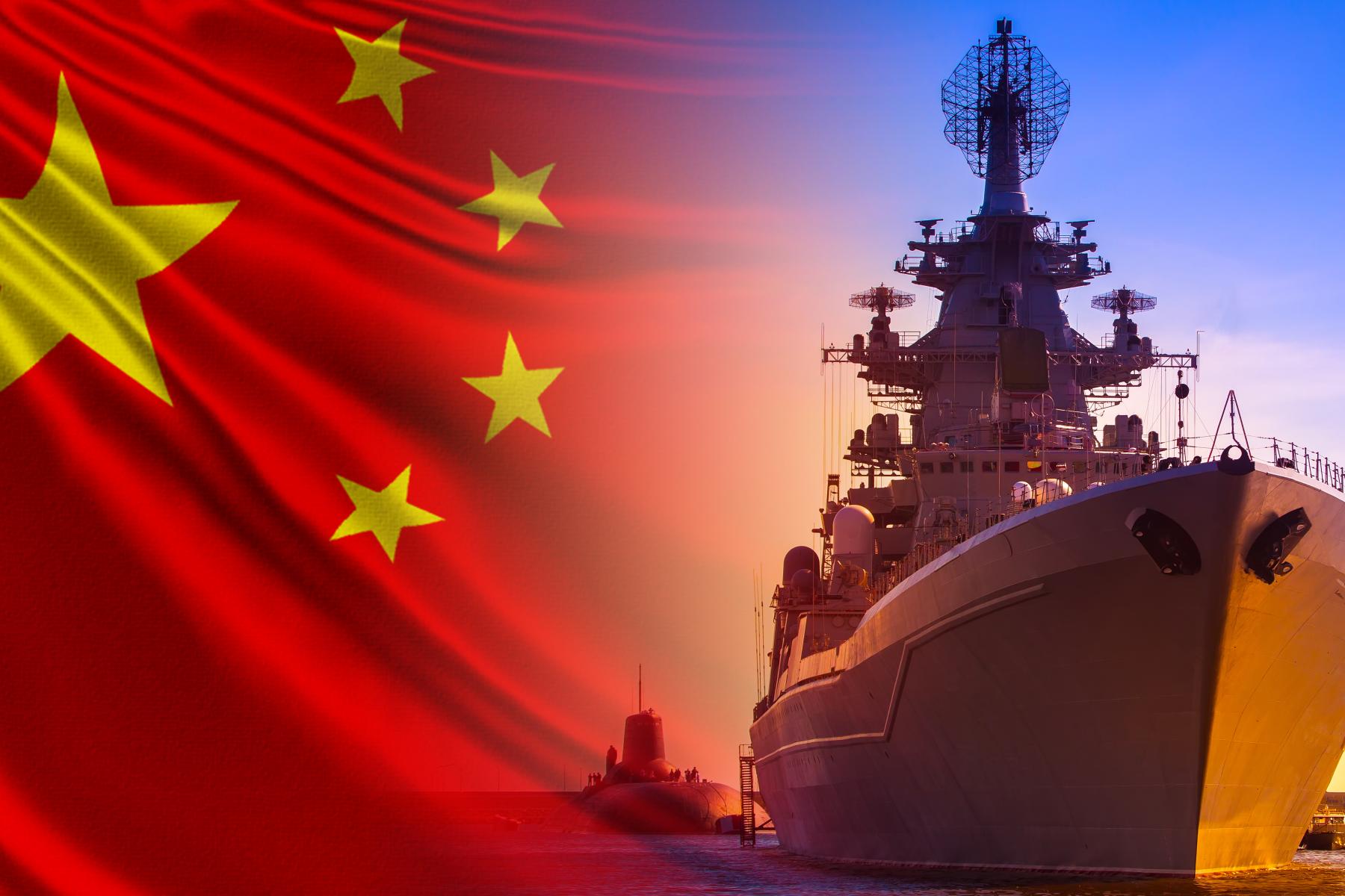 Chinese flag and warship