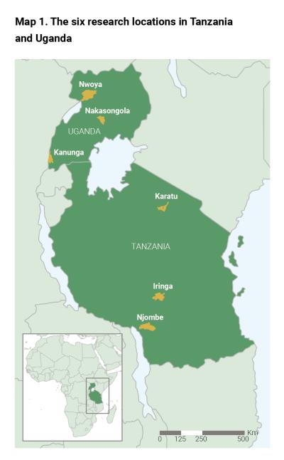 Map 1. The six research locations in Tanzania and Uganda