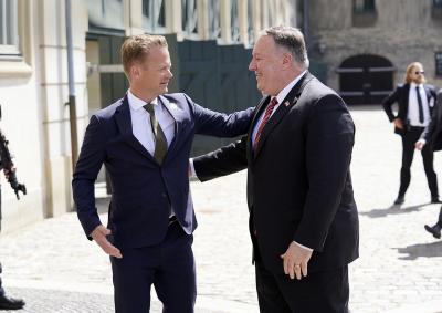 Danish Foreign Minister Jeppe Kofod greets US Secretary of State Mike Pompeo