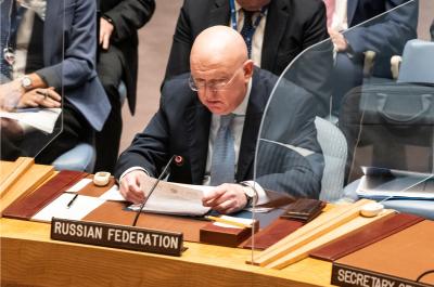 Ambassador Vassily Nebenzia of Russia speaks during Security Council briefing by Organization for Security and Cooperation in Europe at UN Headquarters. Photo: Lev Radin/Shutterstock