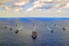 Waters of South Japan. Navy and Japan Maritime Self-Defence Force ships transit in formation at the conclusion of Keen Sword 15, a joint/bilateral field training exercise involving U.S. military and the Japan Self-Defence Force to increase combat readines