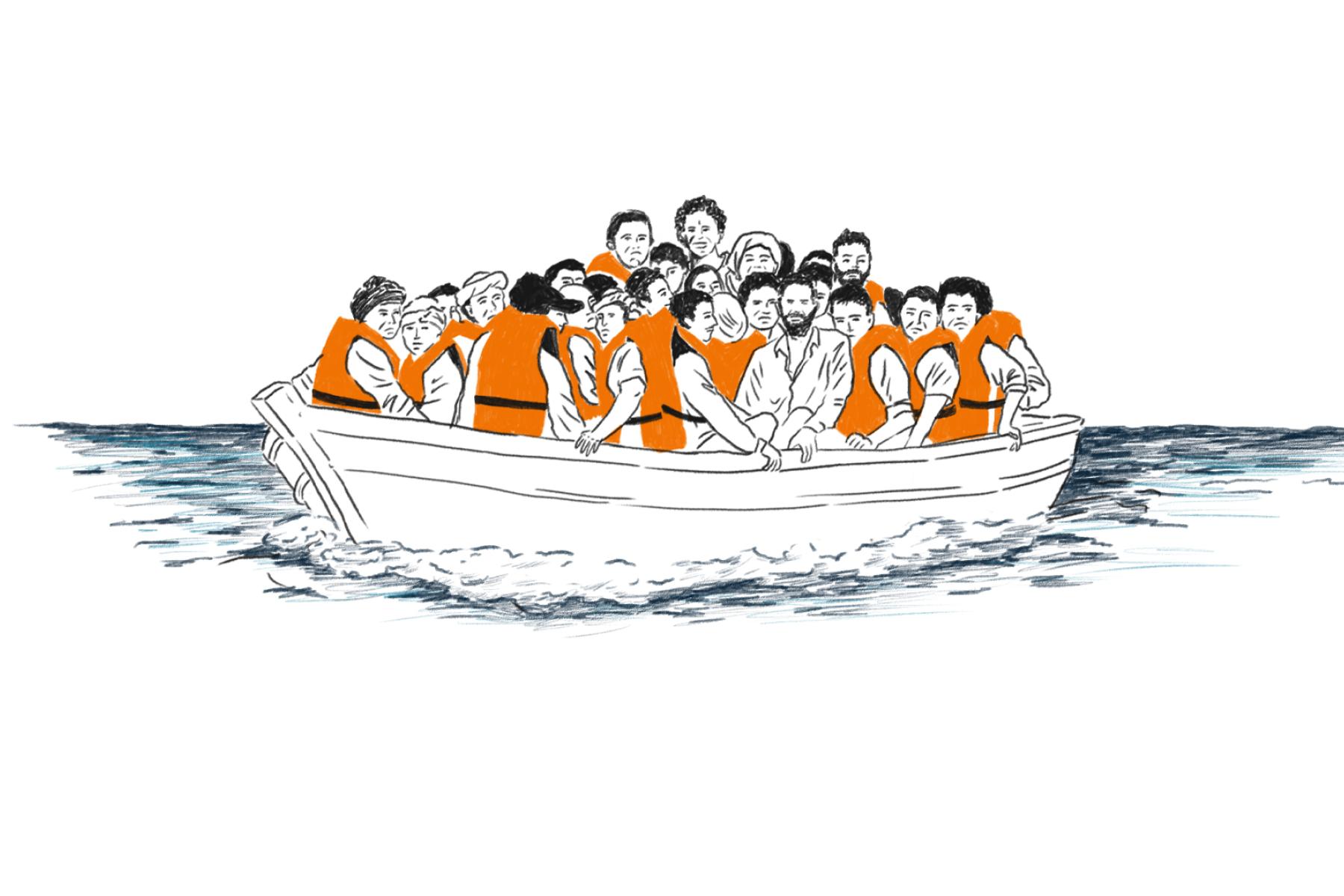 Båd over migranter_illustration_Cecilie Castor