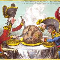 Illustration of William Pitt and Napoleon Bonaparte cutting the world