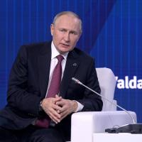 President of Russia Vladimir Putin gives a speech at the Valdai International Discussion Club meeting, in Moscow Oblast, Russia.